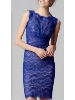 Tadashi Shoji Chantilly Lace Boatneck Dress 10P Blue Mother of the Bride Elegant